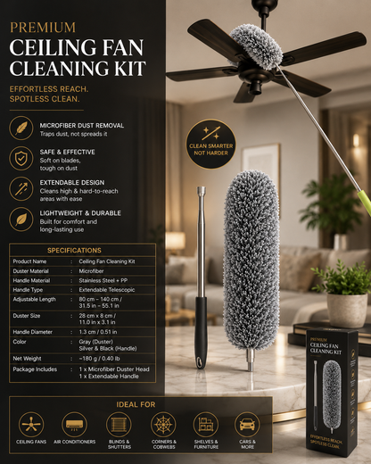 Upgraded Long Handle Microfibre Feather Fan Ceiling Duster for Dust Cleaning with extendable Pole 100 Inch with Anti Scratch Bendable Brush for Cleaning High roof Cobweb Stick
