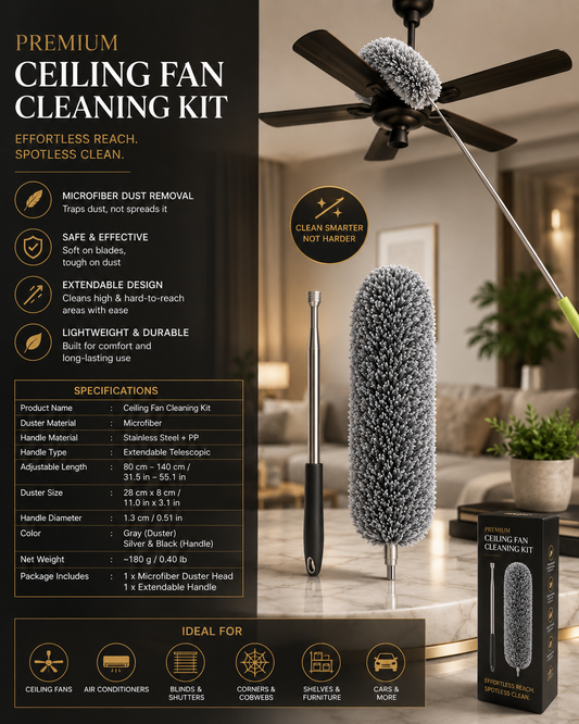 Upgraded Long Handle Microfibre Feather Fan Ceiling Duster for Dust Cleaning with extendable Pole 100 Inch with Anti Scratch Bendable Brush for Cleaning High roof Cobweb Stick