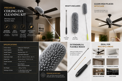 Upgraded Long Handle Microfibre Feather Fan Ceiling Duster for Dust Cleaning with extendable Pole 100 Inch with Anti Scratch Bendable Brush for Cleaning High roof Cobweb Stick