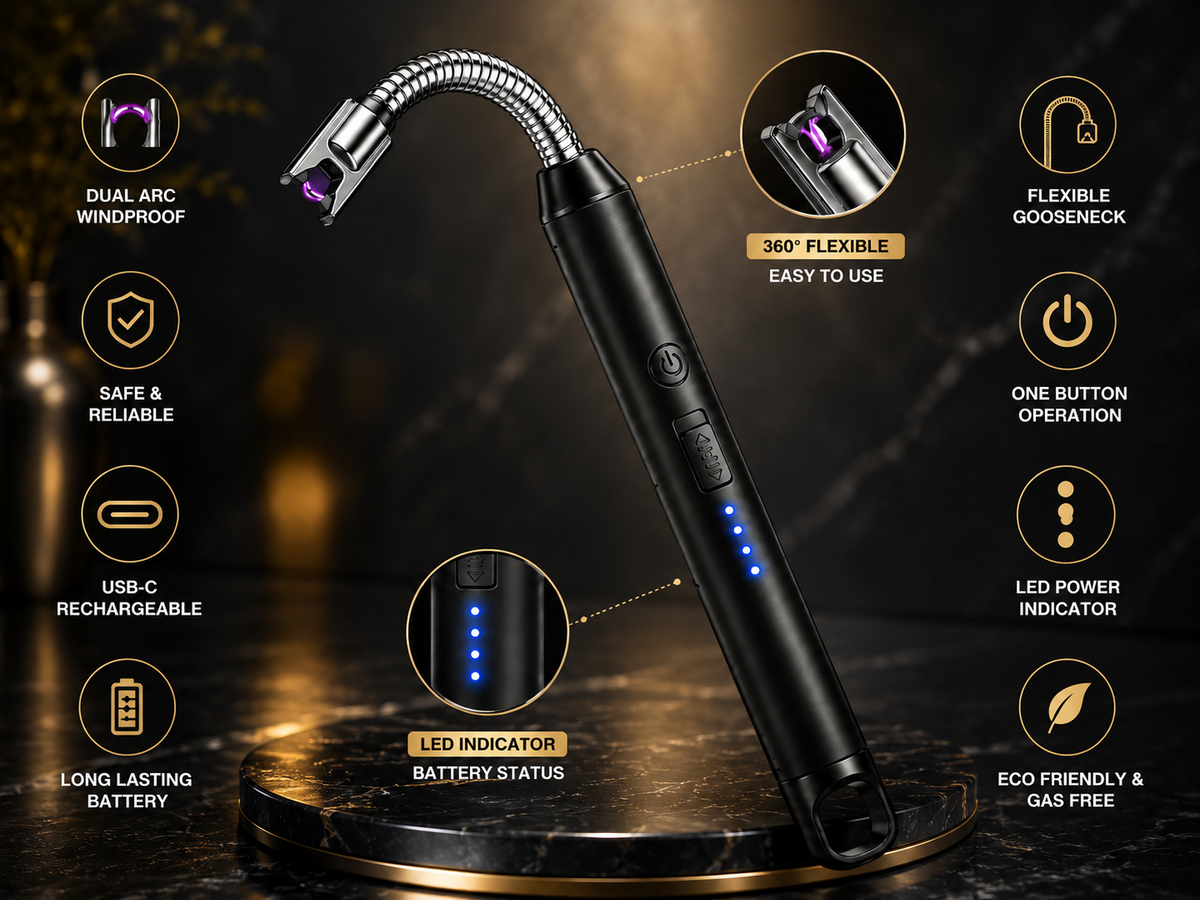 Rechargeable Electric Gas Lighter for Kitchen, Lighter for Gas Stove, Candles, Pooja, 1 Year Warranty, C-Type USB, Kitchen Tools, Multi Purpose - 360° Flexible & Windproof, Black
