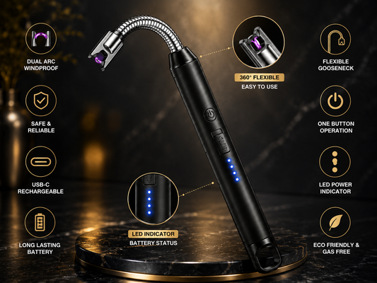 Rechargeable Electric Gas Lighter for Kitchen, Lighter for Gas Stove, Candles, Pooja, 1 Year Warranty, C-Type USB, Kitchen Tools, Multi Purpose - 360° Flexible & Windproof, Black