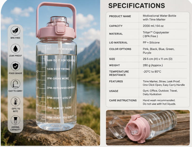 MOTIVATIONAL TRANSPARENT WATER BOTTLE 2L FOR TRACKING