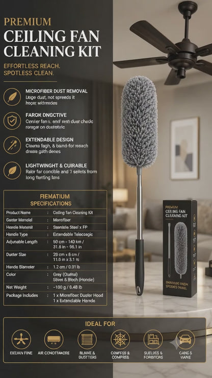 Upgraded Long Handle Microfibre Feather Fan Ceiling Duster for Dust Cleaning with extendable Pole 100 Inch with Anti Scratch Bendable Brush for Cleaning High roof Cobweb Stick