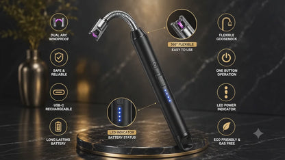 Rechargeable Electric Gas Lighter for Kitchen, Lighter for Gas Stove, Candles, Pooja, 1 Year Warranty, C-Type USB, Kitchen Tools, Multi Purpose - 360° Flexible & Windproof, Black